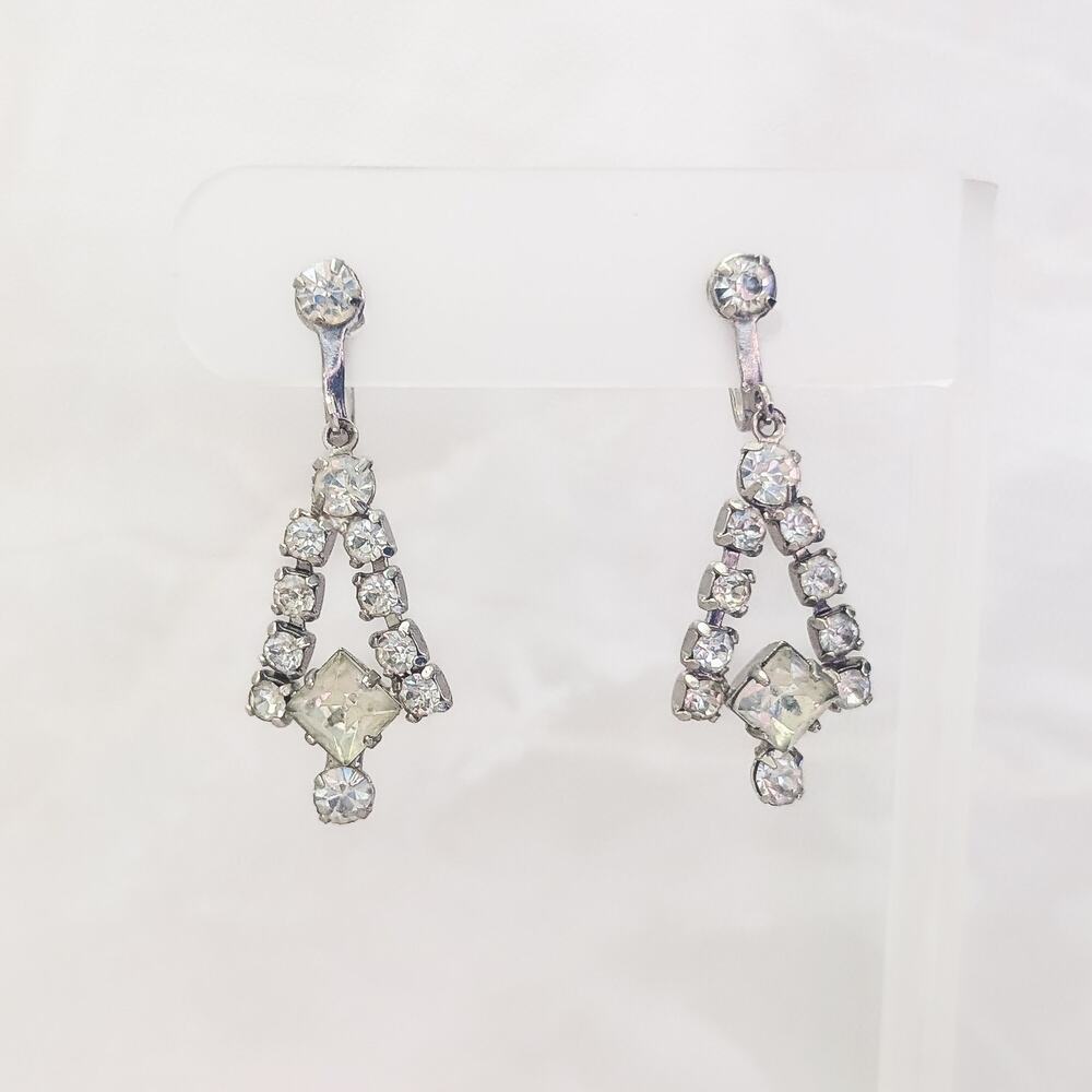 Vintage Screw On Earrings Clear Rhinestone Dangle Drop - A Bit Over 1.5"